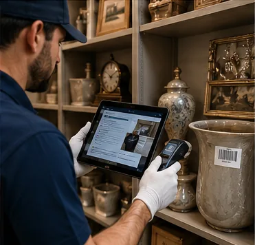 Technician logging items on a tablet with barcode scanning