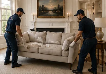 Crew returning furniture and resetting a living room during pack-back