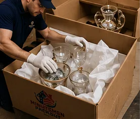Crew member wrapping glassware with professional packing materials