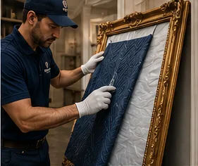Specialist salvaging framed artwork after a fire and smoke event